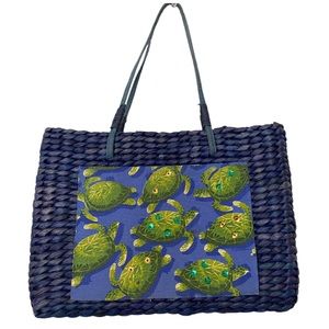 SUN & 'N SAND Tote Woven Bag Purse Wicker Beach Blue Sea Turtle Fabric Accent